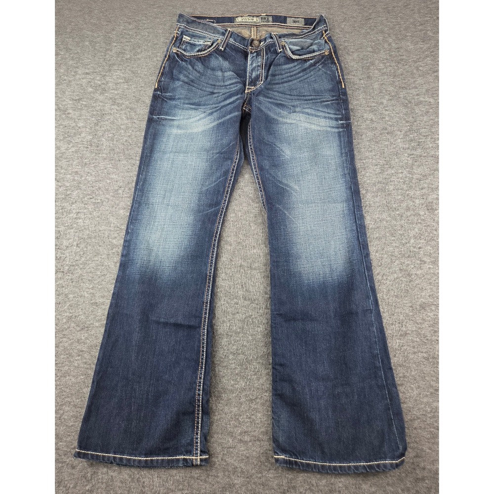 BKE Jeans Mens 30S Blue Fulton Bootcut Denim Heavy Stitch Whiskered 0089